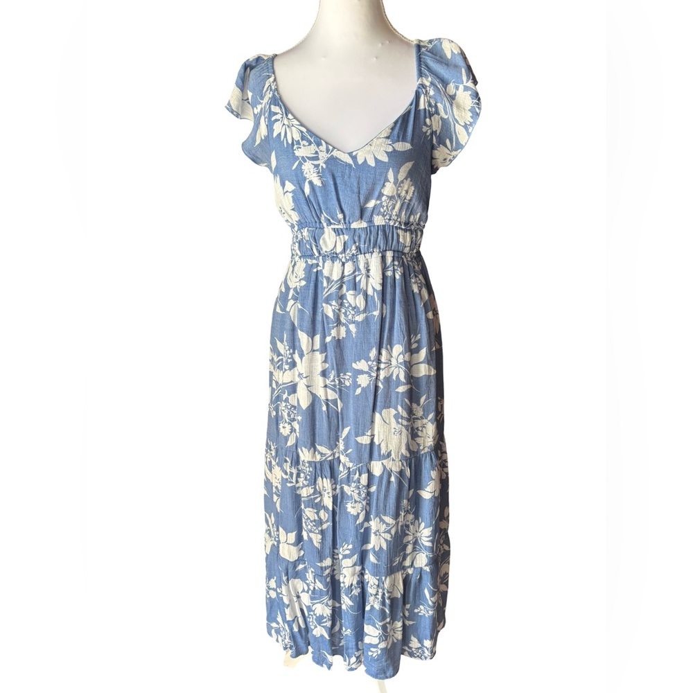 Blue Floral Midi Dress with Elastic Waist and Back Cut-Out